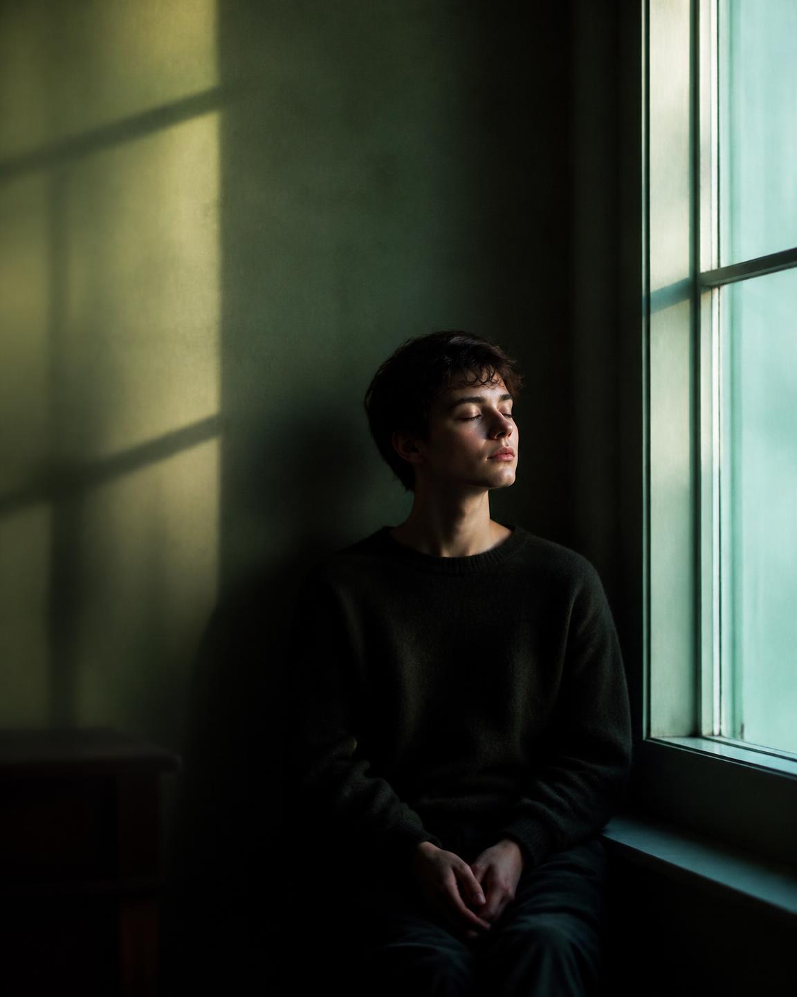 A person sitting quietly by a window in soft dawn light