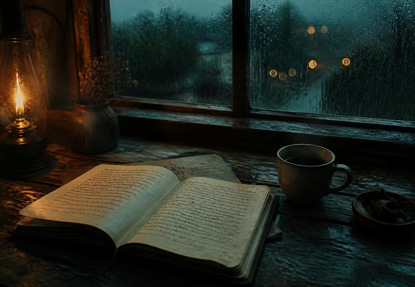 A journal, coffee and laptop on a dark wooden desk